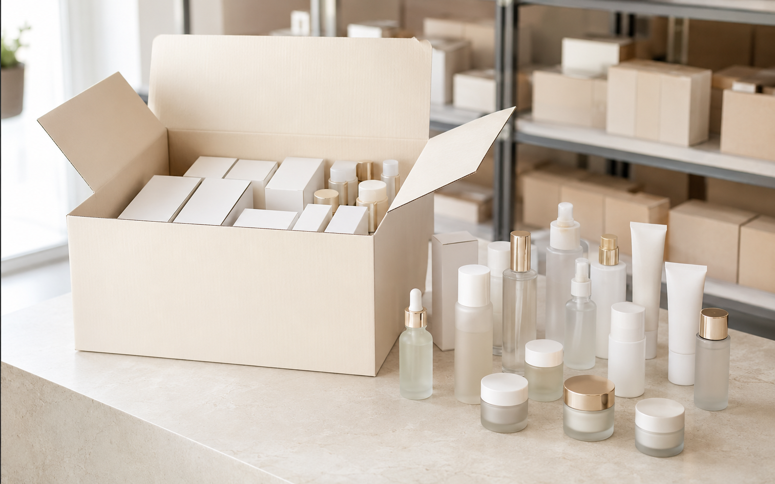 Beauty products prepared for distribution